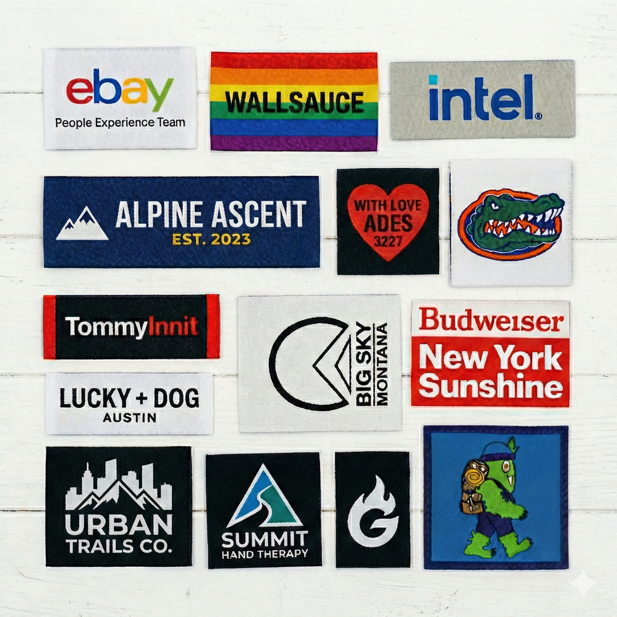Collection of custom woven labels in various shapes, colors, and designs displayed on a white surface