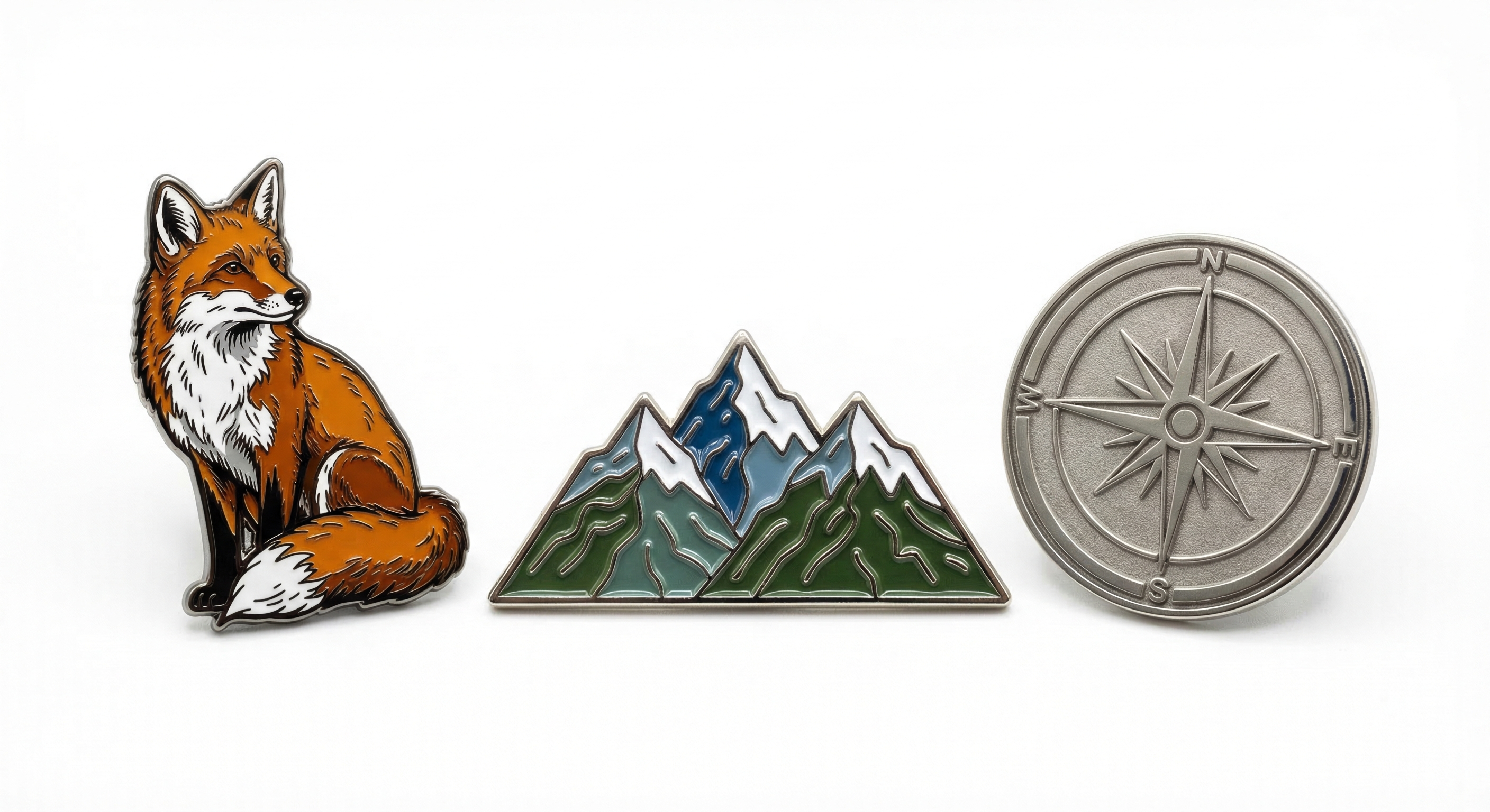 Finished custom enamel pins showing different manufacturing styles and quality finishes
