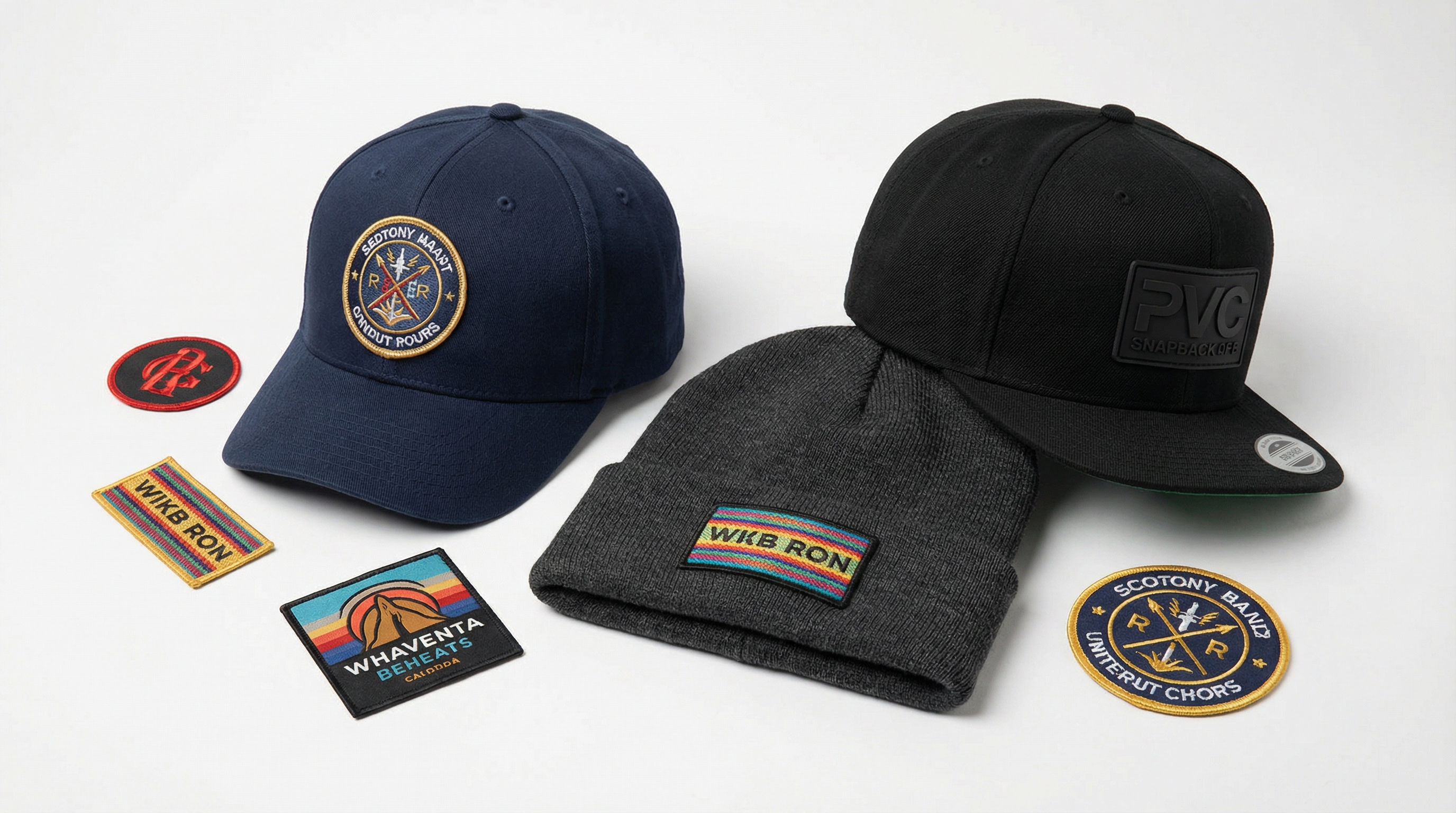Custom patches on various hat styles including baseball caps beanies and snapbacks showing placement options