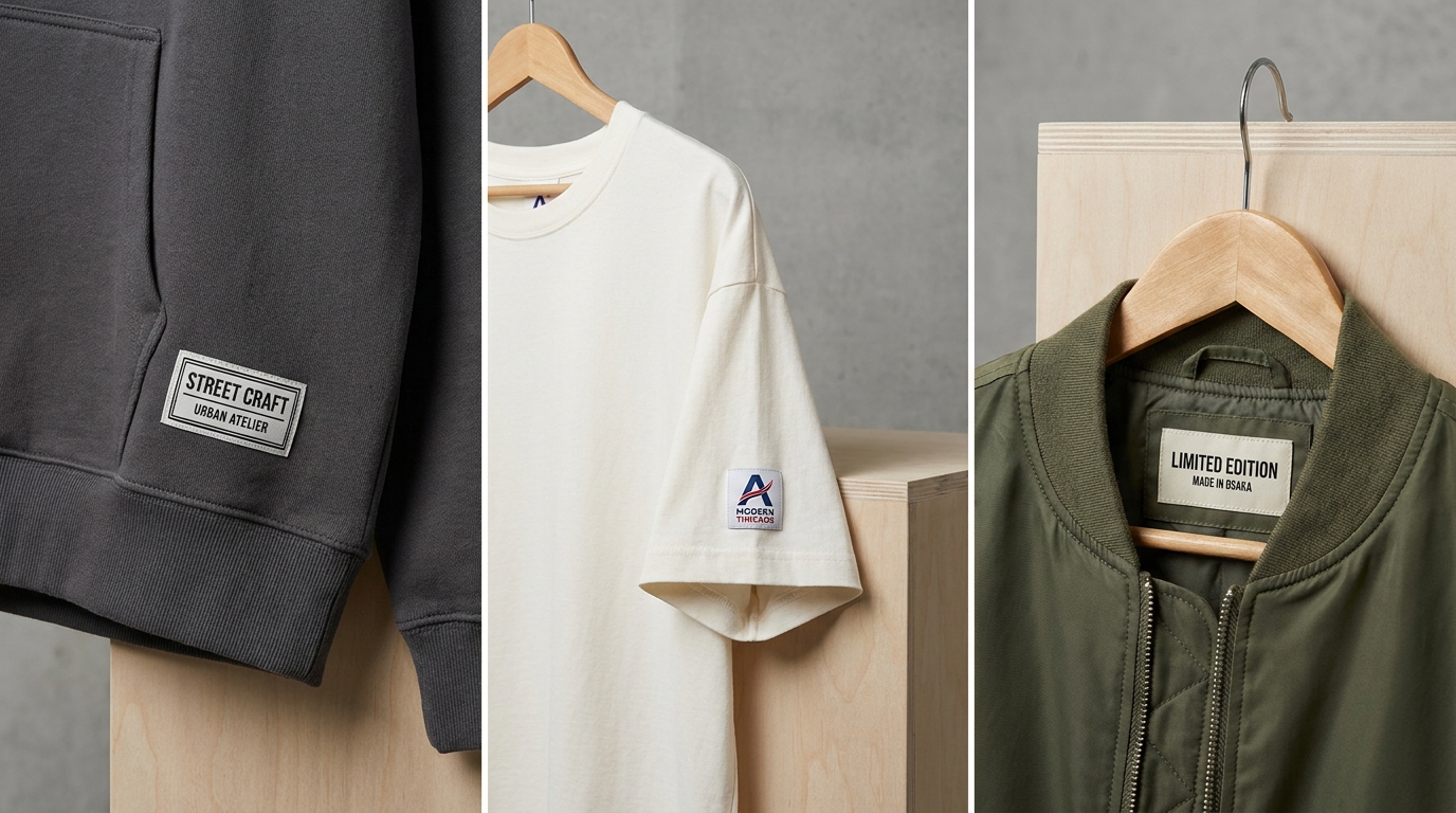 Woven labels streetwear showing professional custom branding on streetwear apparel