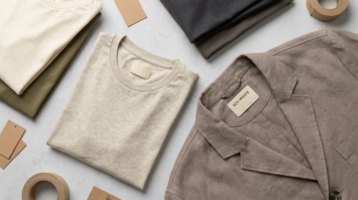 Custom woven brand labels sewn inside collar of sustainable apparel garments flat lay product photography