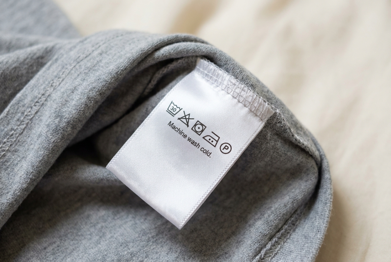 Close-up of a printed satin care label with laundry symbols and Machine wash cold instructions