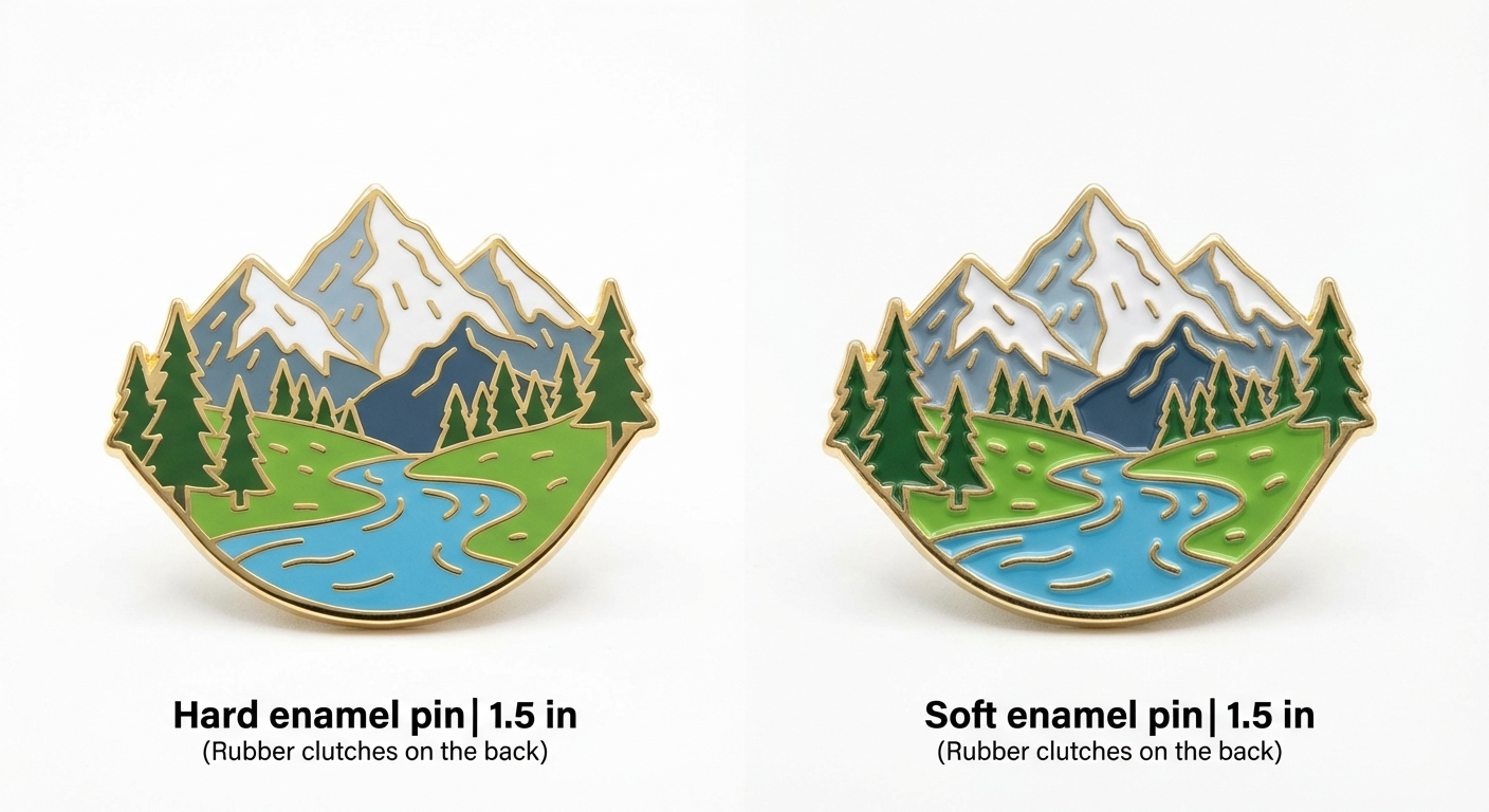 Hard enamel pin vs soft enamel pin side by side comparison showing surface differences
