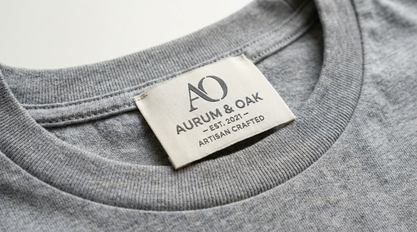 Premium woven cotton clothing label folded inside a heather gray t-shirt collar showing crisp brand logo