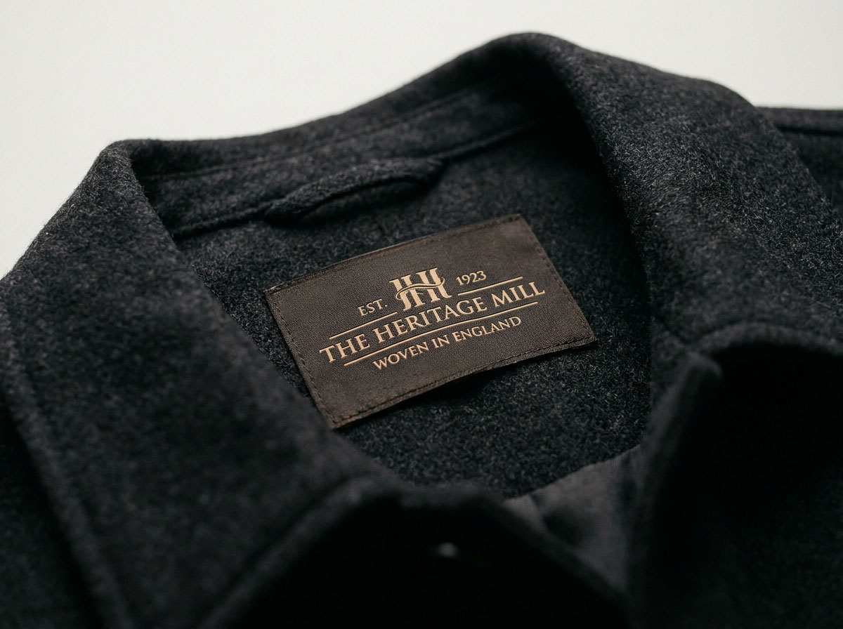 Heritage brand woven label on wool garment with classic serif typography