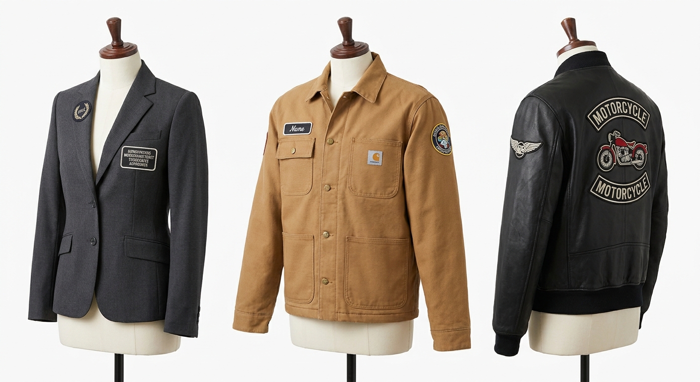 Professional embroidered patches properly placed on different jacket styles showing correct sizing and placement
