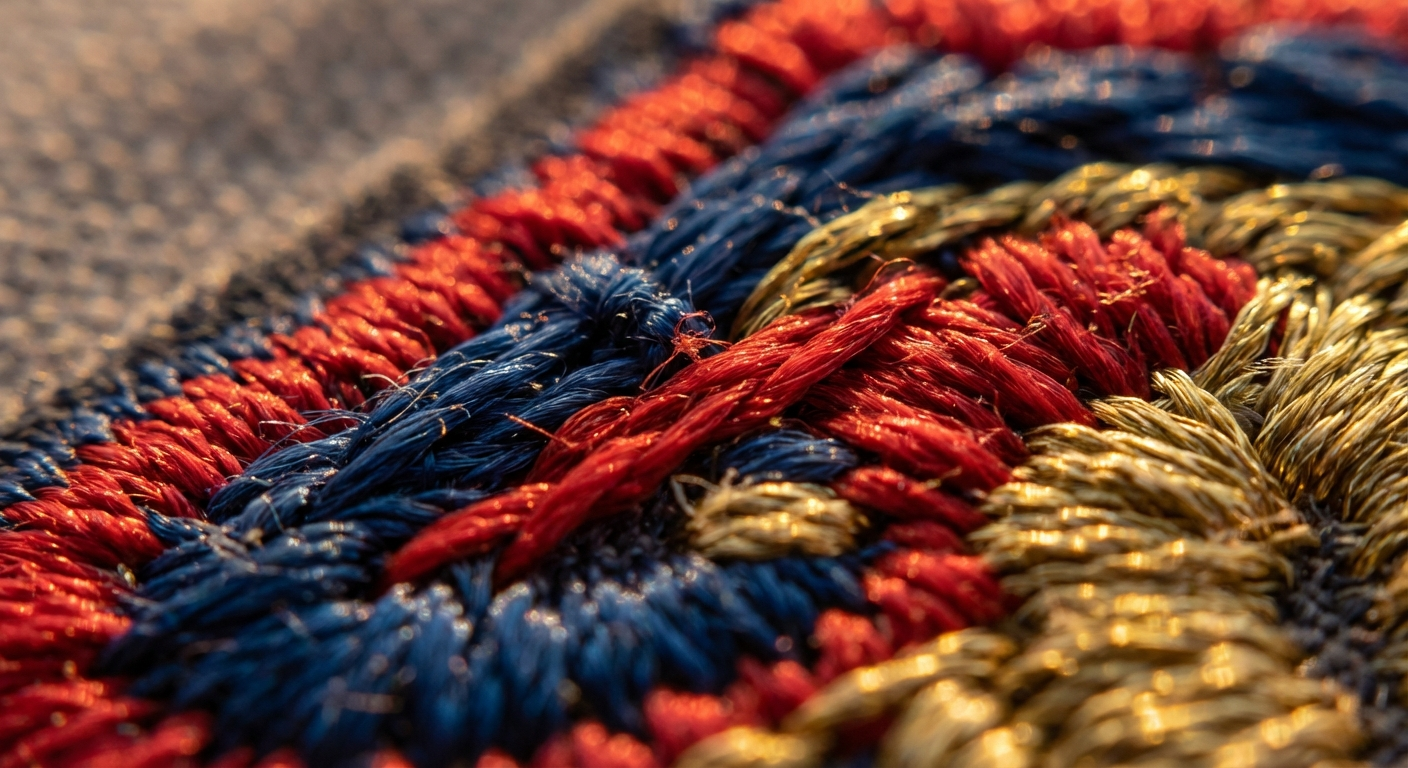 Close-up of embroidered patch texture showing raised thread stitching and dimensional detail