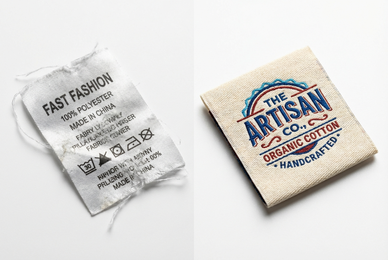 Comparison of a fraying cheap printed clothing label versus a crisp quality woven cotton label