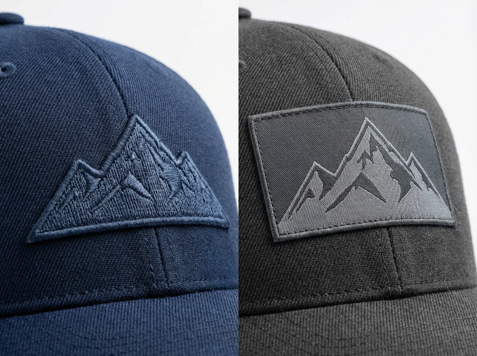 Embroidered patch vs woven patch comparison on baseball caps showing texture and detail differences