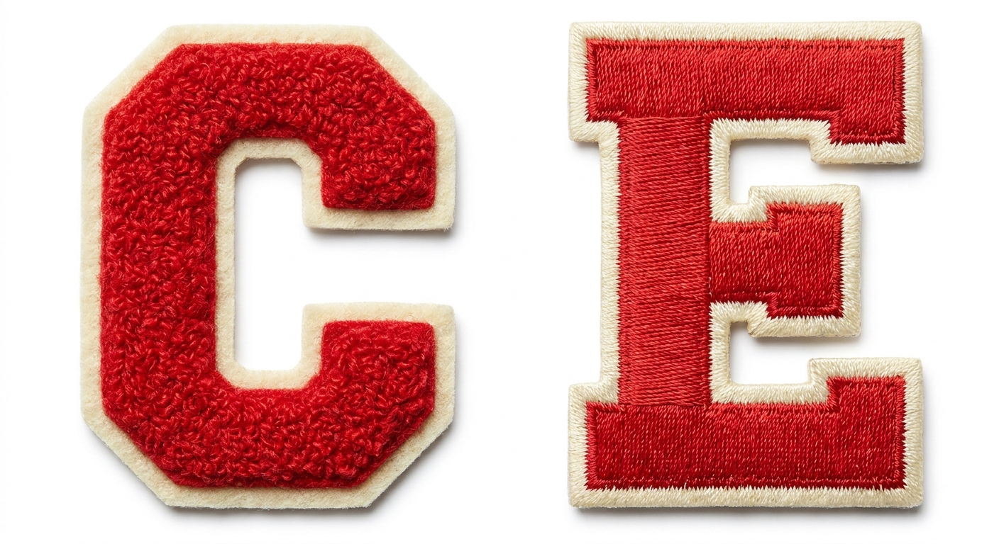 Chenille vs embroidered patches comparison showing fuzzy chenille texture versus smooth embroidered finish