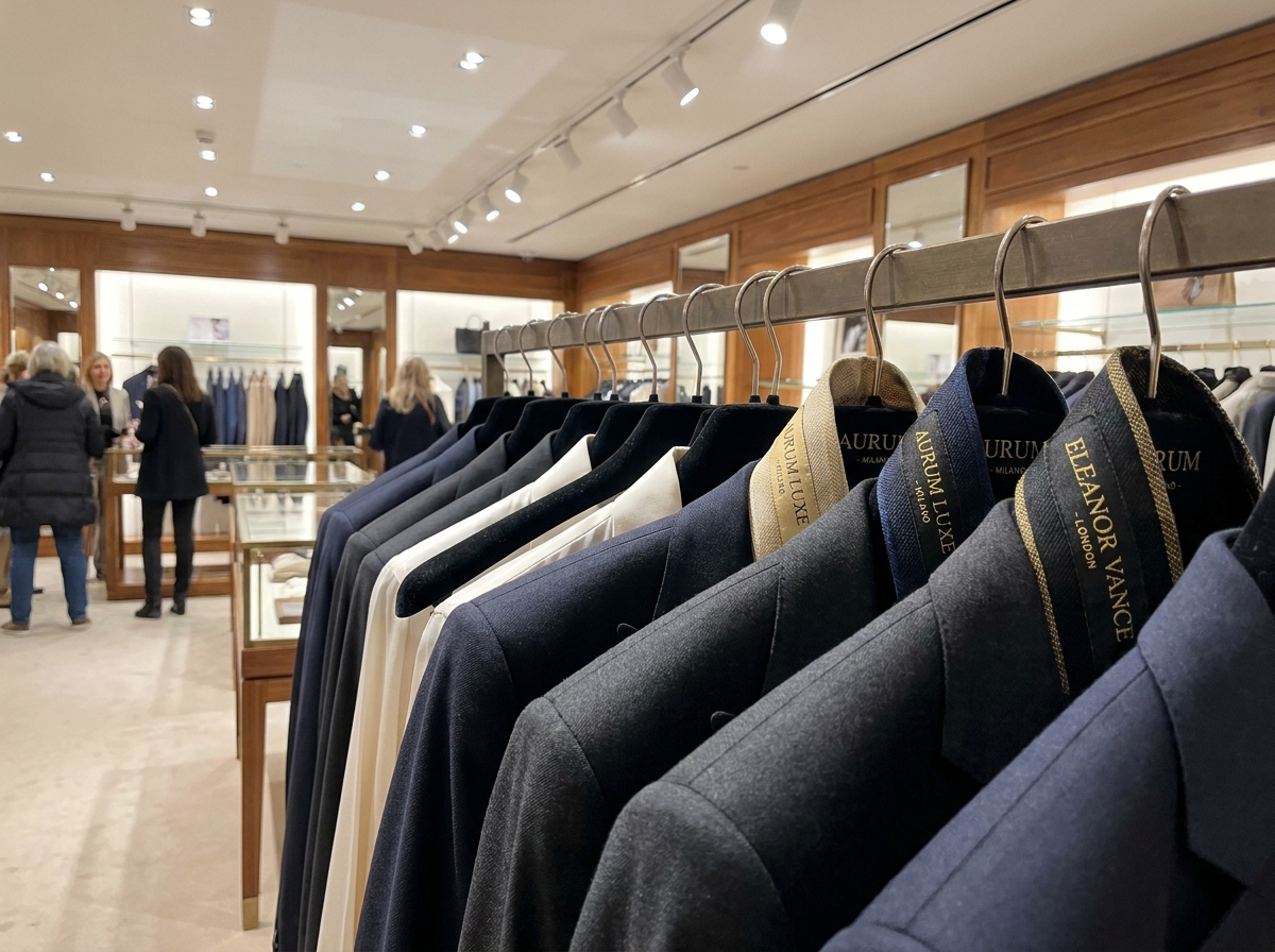 Premium clothing garments in upscale retail setting showcasing professional woven brand labels