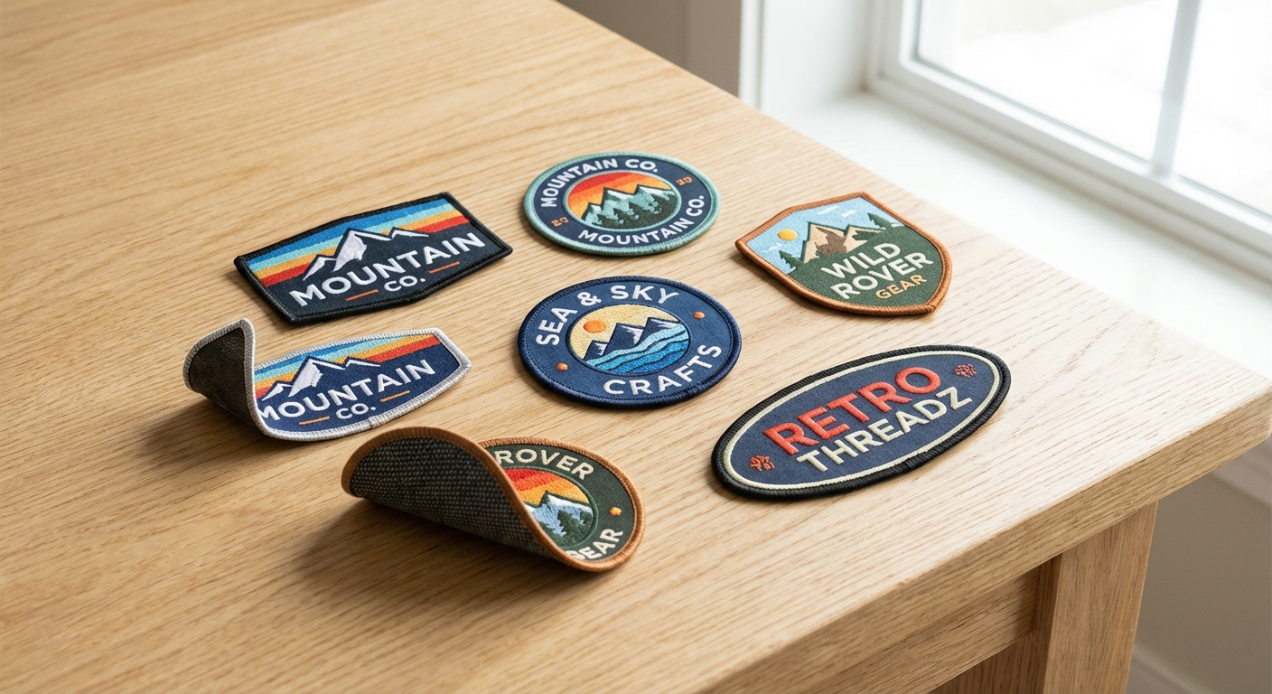 Custom woven patches for small brands showing various shapes, sizes, and logo designs on a light wooden surface