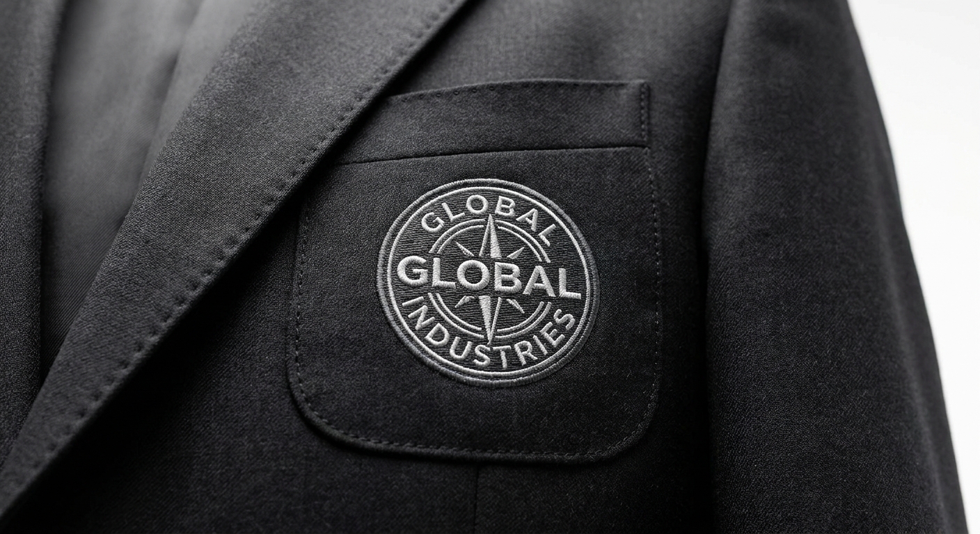 Close-up detail of embroidered patch placement on jacket chest showing professional positioning