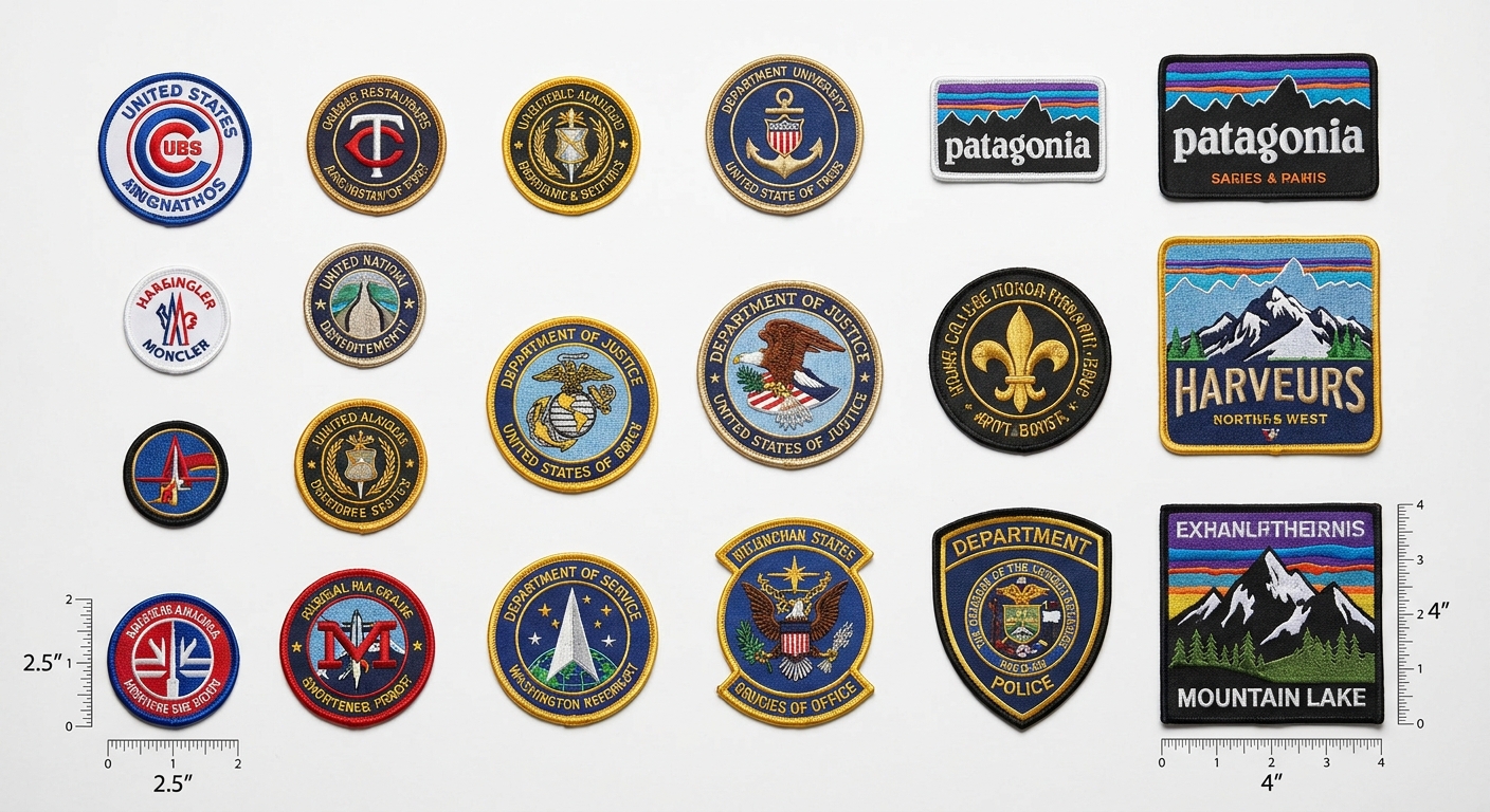 Collection of embroidered patches in different sizes from 2.5 to 4 inches for sizing comparison