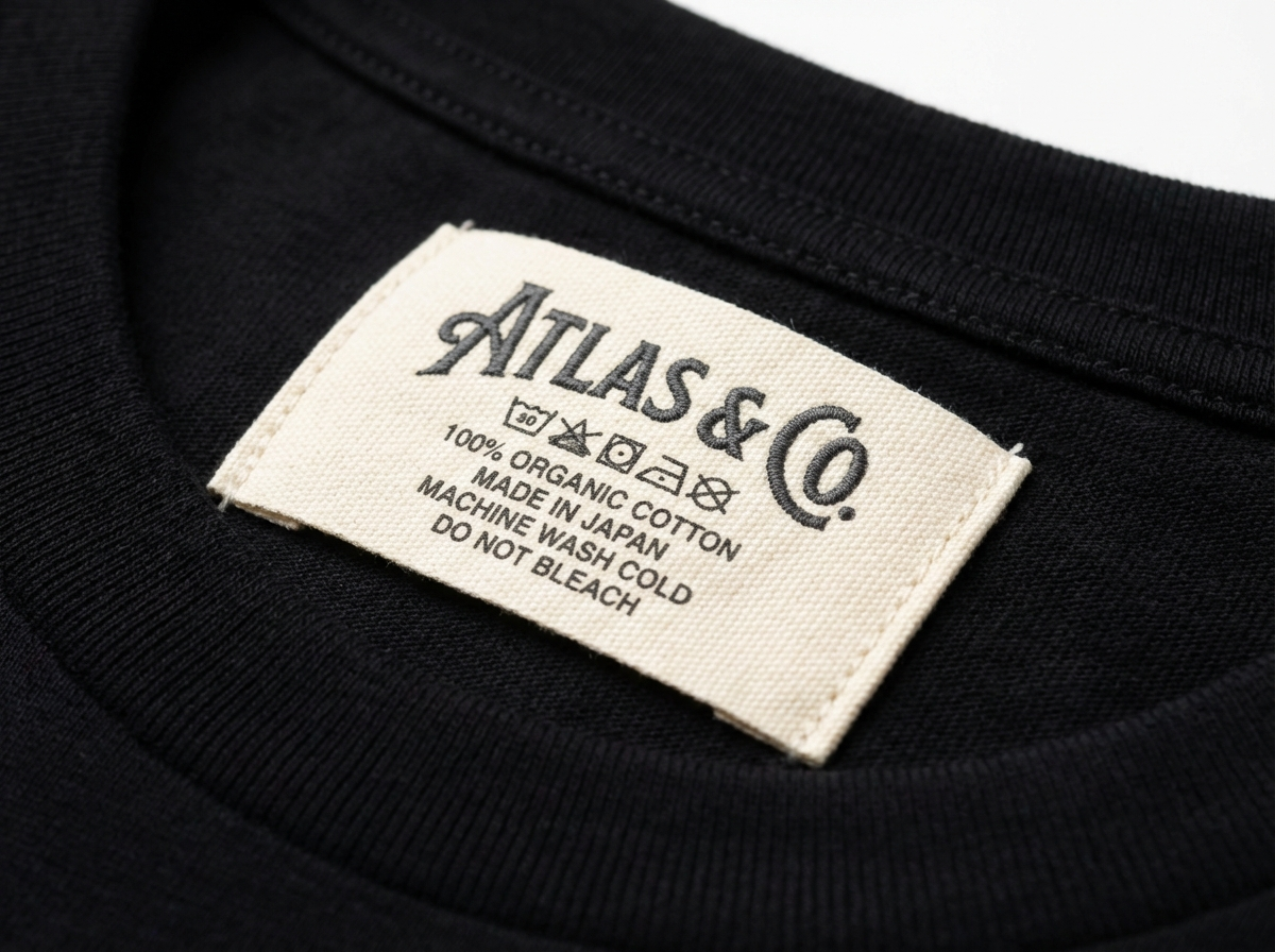 Close-up of custom woven cotton clothing label with detailed logo sewn into black garment neckline