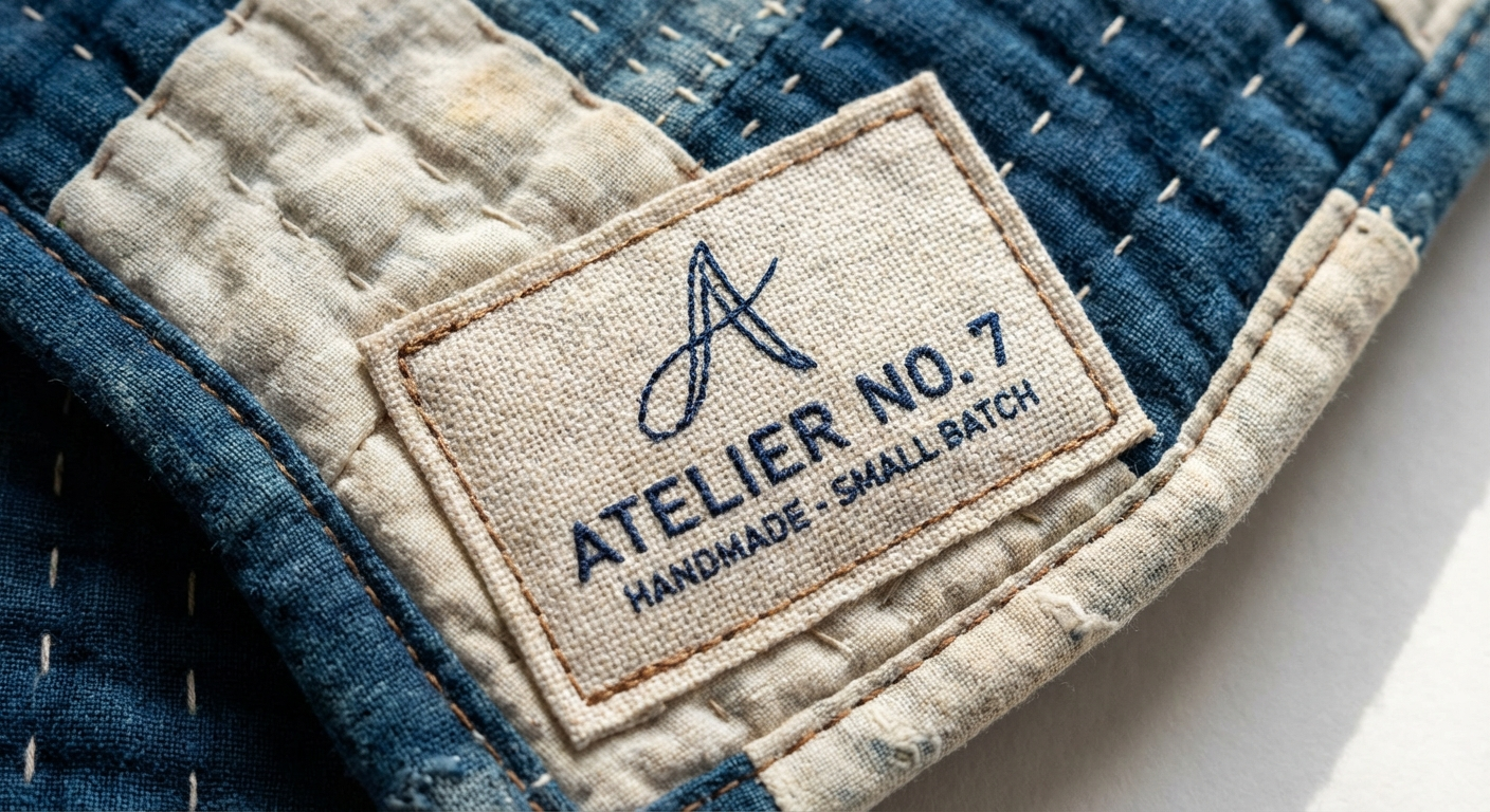 Professional woven label on handmade quilt showing quality custom branding for artisan goods