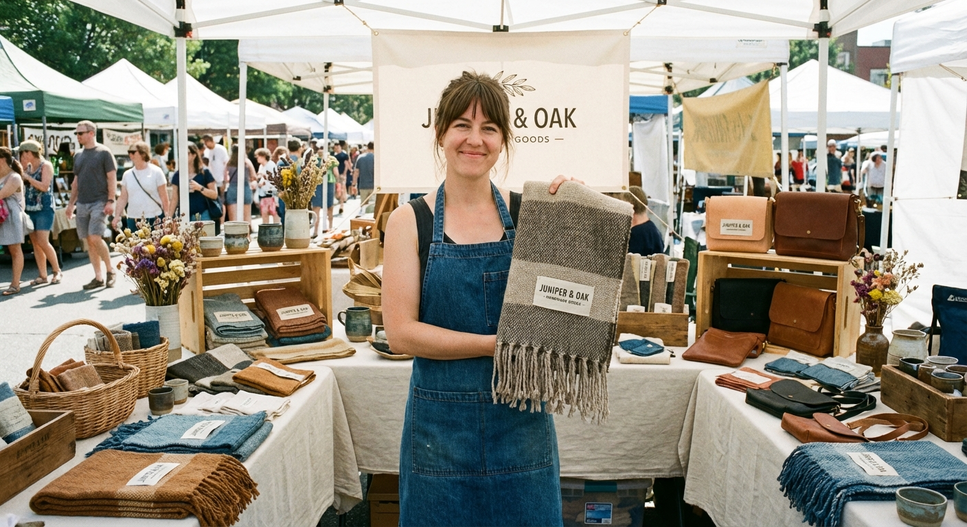 Craft fair display showing handmade items with professional woven labels for small business branding
