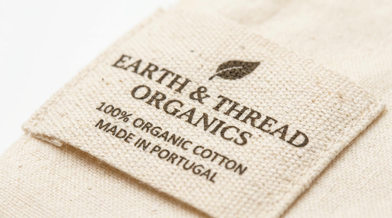 Close-up texture of organic cotton woven clothing label showing natural fiber weave and brand logo