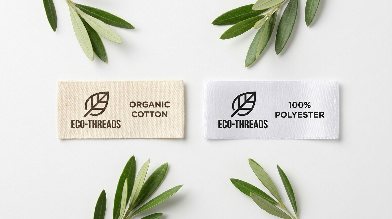 Organic cotton woven labels and polyester woven labels displayed side by side for sustainability comparison
