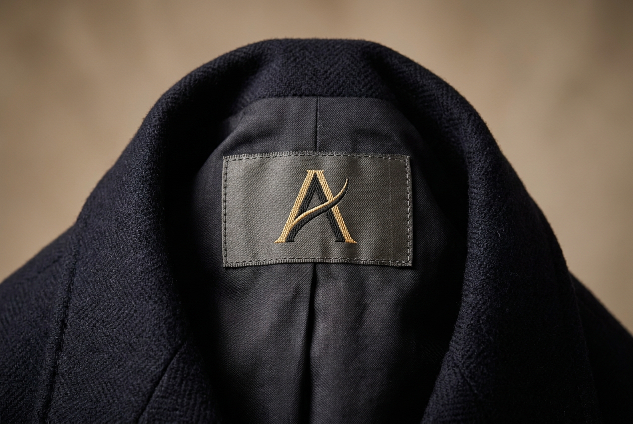 Premium damask woven brand label sewn into the neckline of a high-end garment