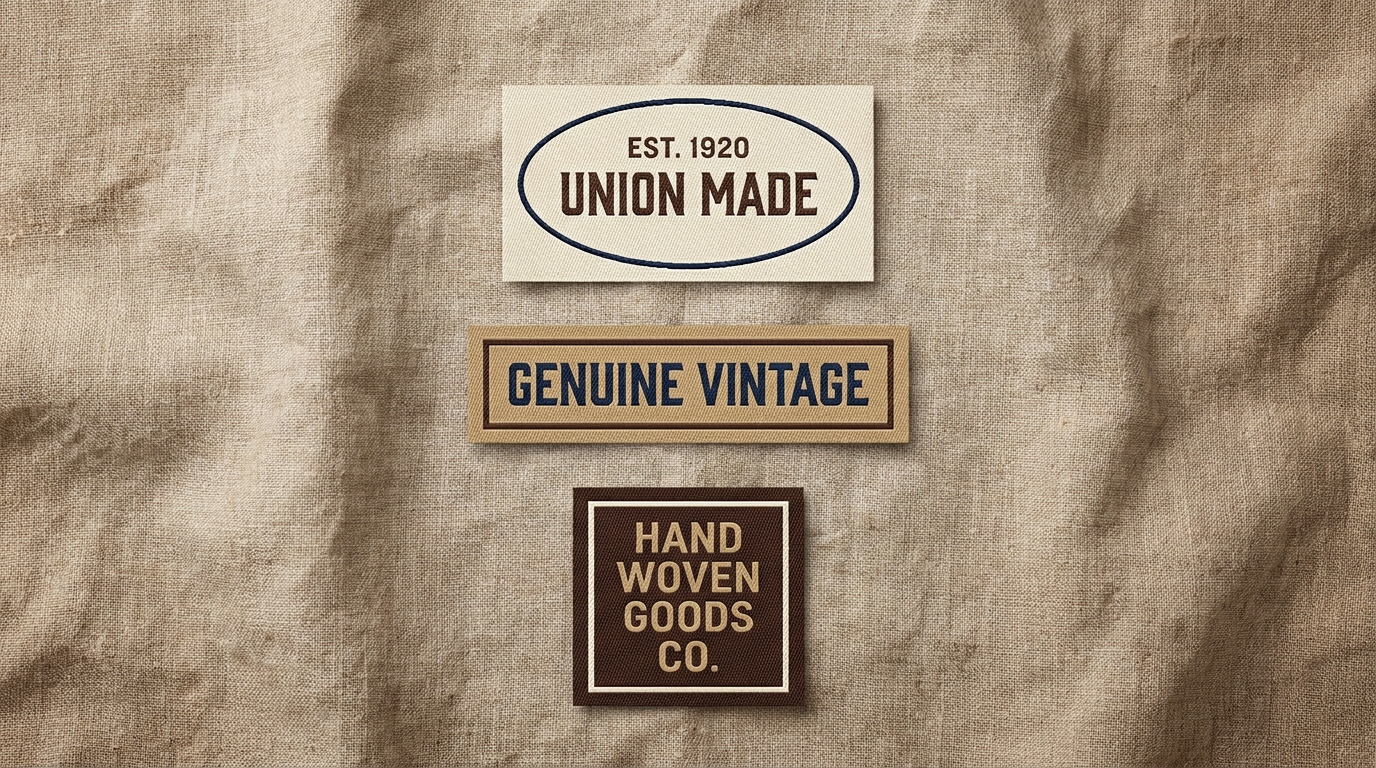 Vintage woven labels with retro typography displayed on linen fabric