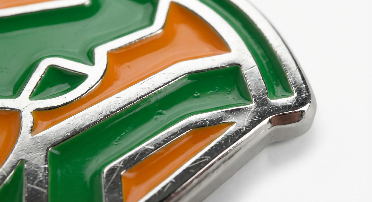 Close-up of soft enamel pin showing textured surface with raised metal lines