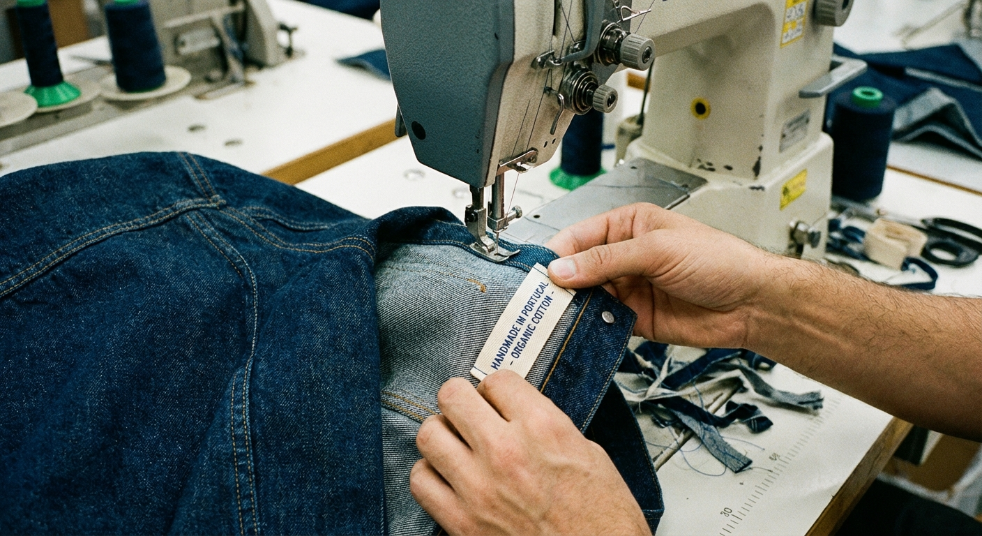 Custom woven label being sewn into a garment seam during clothing production