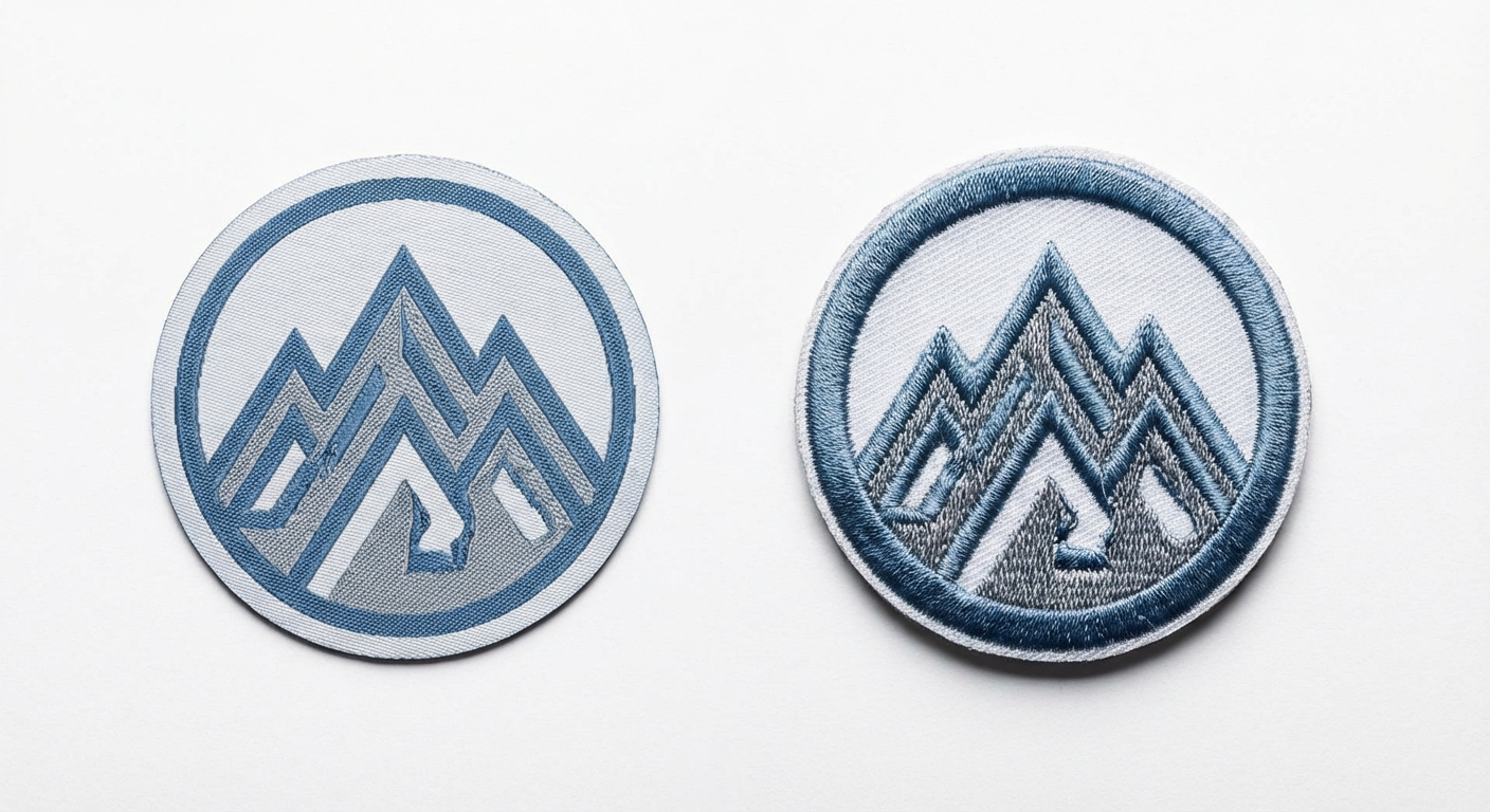 Side-by-side comparison of a flat woven patch and a raised embroidered patch showing texture and detail differences